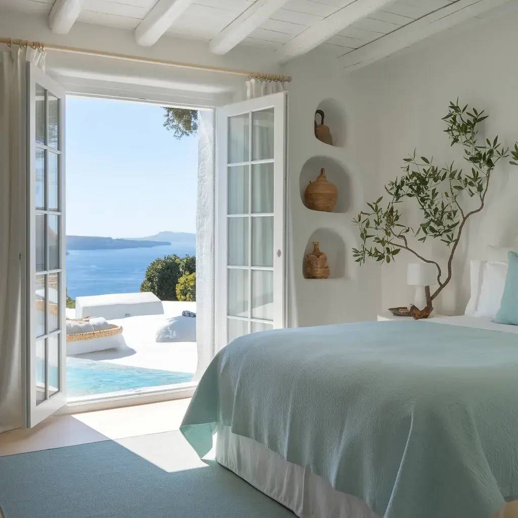 Une chambre lumineuse et apaisante avec des tons bleu pastel, ouvrant sur une terrasse avec vue sur la mer et un ciel clair.