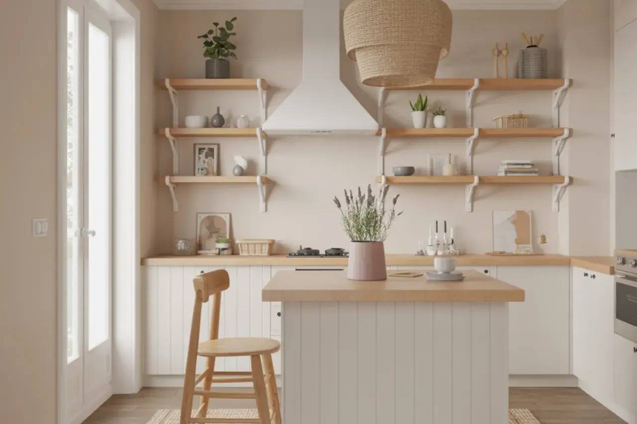 Cette image montre une cuisine élégante et minimaliste avec des étagères en bois, un îlot central et une décoration épurée.