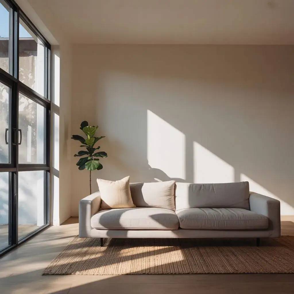 Une pièce lumineuse avec un canapé beige confortable et une plante verte, baignée de lumière naturelle à travers de grandes fenêtres.