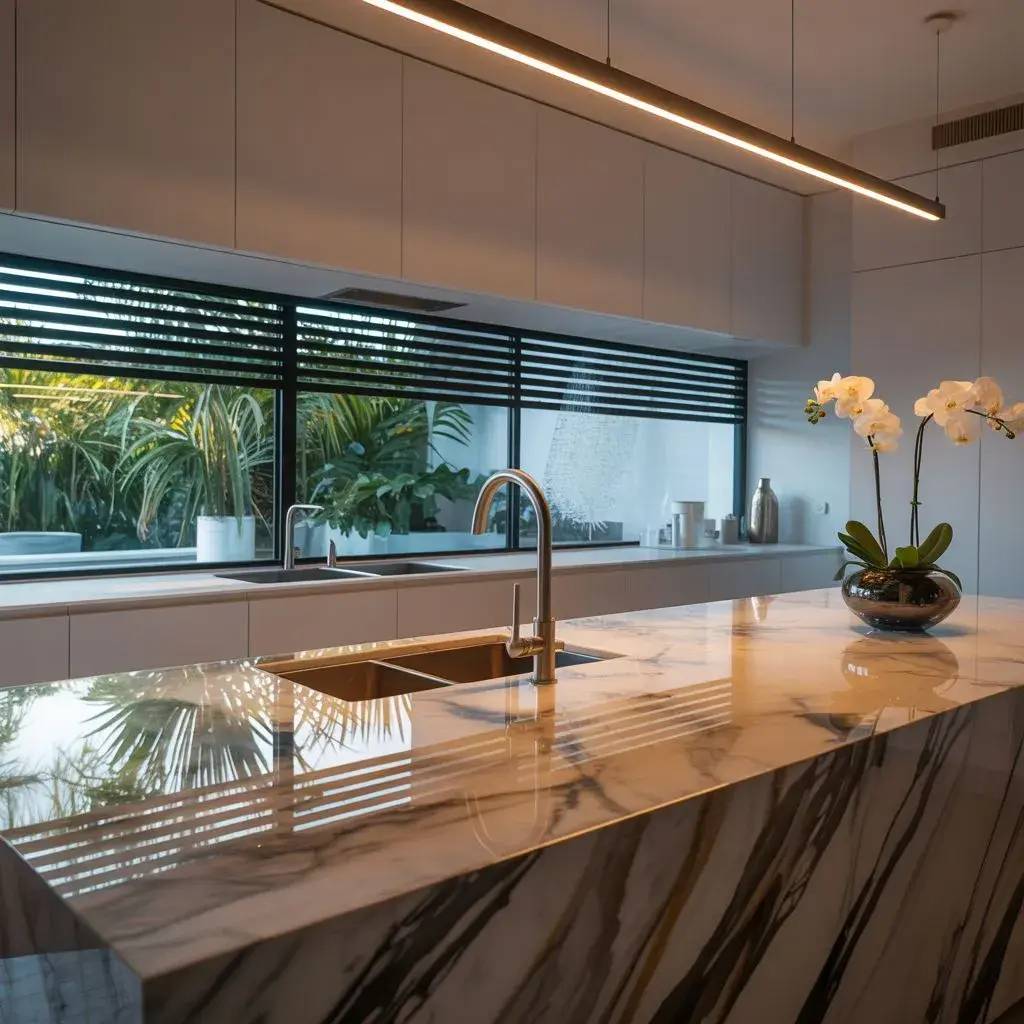 Une cuisine moderne avec un îlot central en marbre, équipée d'un évier et décorée d'une orchidée dans un vase.