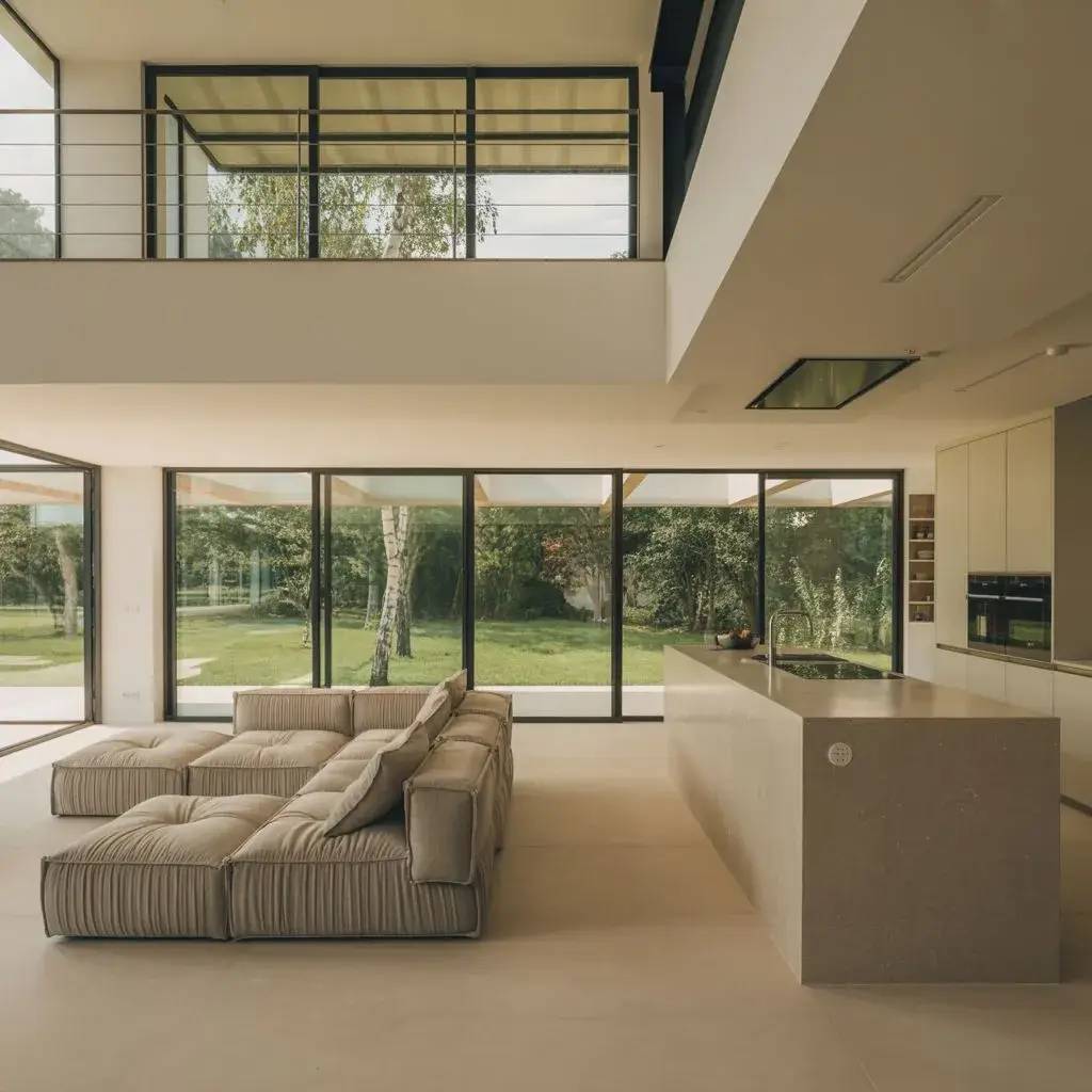 Une pièce moderne et lumineuse avec de larges baies vitrées, un canapé beige moelleux et une cuisine minimaliste donnant sur un jardin