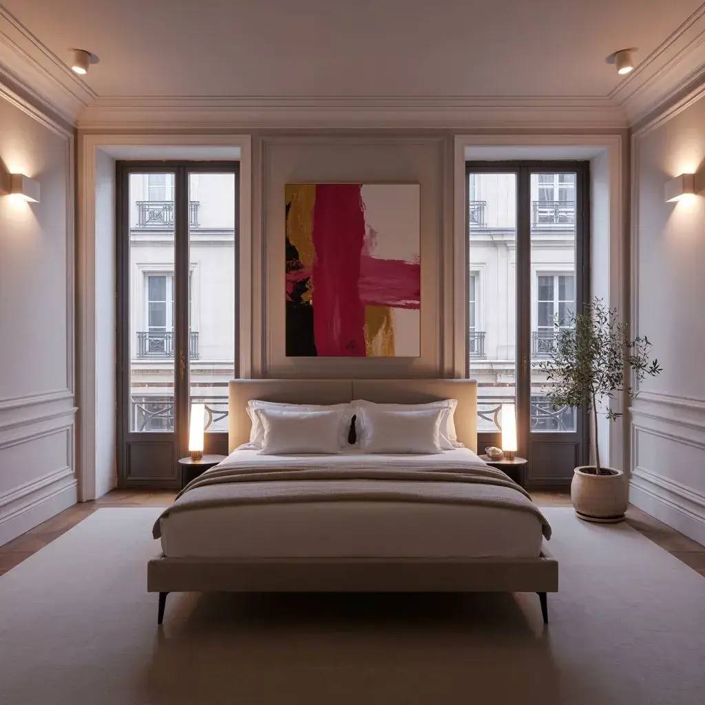 Une chambre élégante avec un grand lit central, éclairée par des fenêtres généreuses et décorée d'un tableau abstrait vibrant.