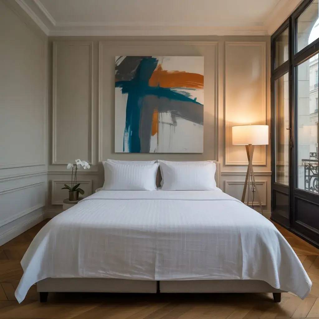 Chambre élégante avec un lit double au drap blanc, ornée d'un tableau abstrait et éclairée par une grande lampe, offrant une