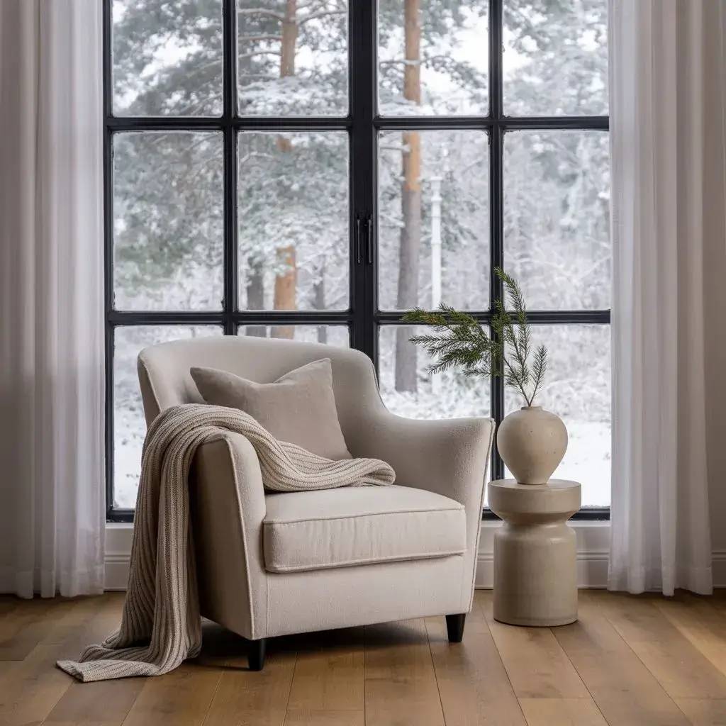 Un fauteuil beige cosy est placé près d'une grande fenêtre donnant sur un paysage enneigé, accompagné d'un plaid et d'un vase décoratif.