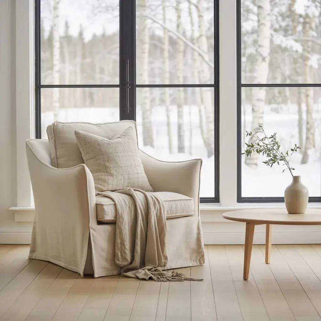 Cette image montre un fauteuil crème avec un coussin et un plaid assortis, placé près d'une table en bois clair devant une grande fenêtre donnant sur