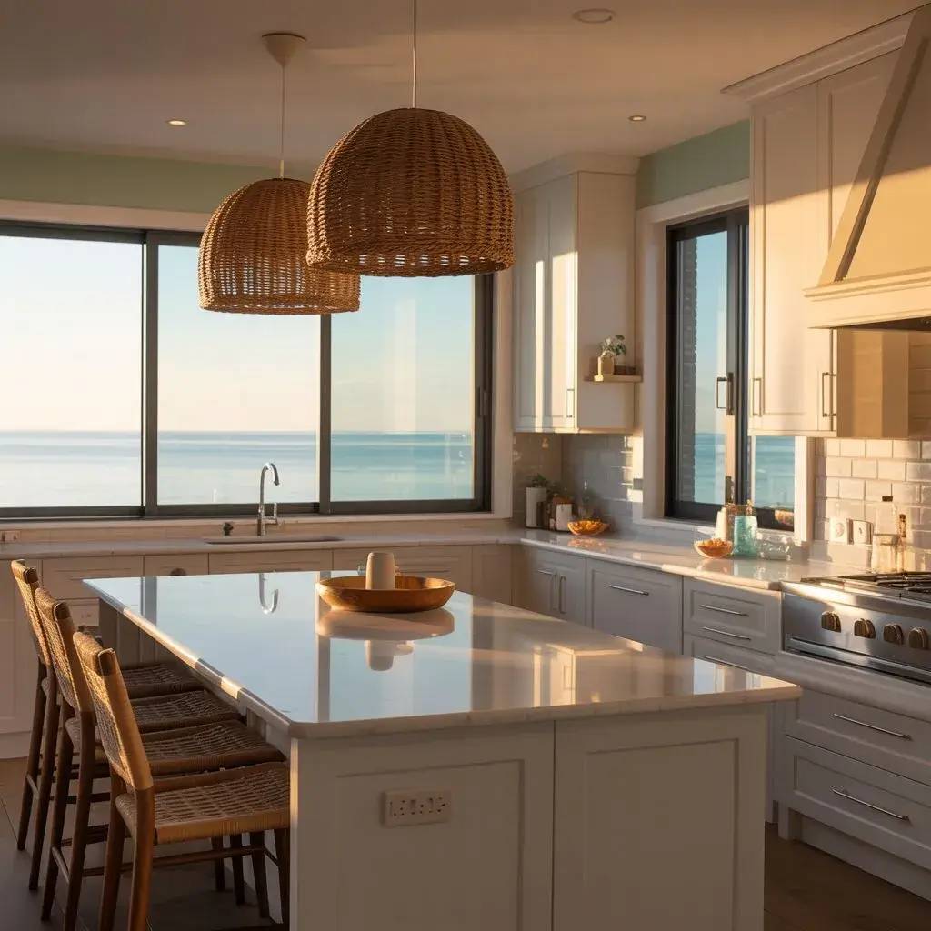 Une cuisine élégante et lumineuse avec vue sur la mer, équipée de suspensions en osier et d'un îlot central.