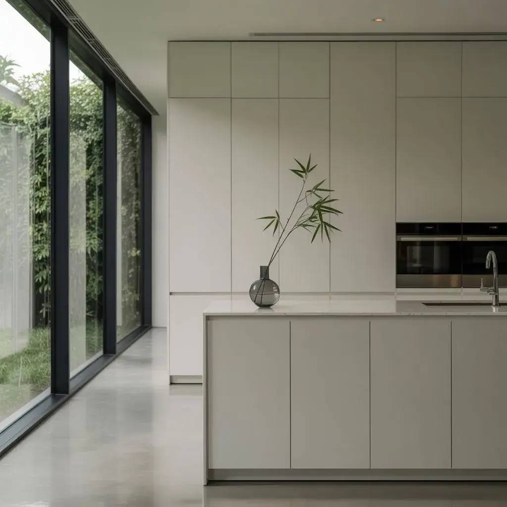 Une cuisine moderne et épurée avec des armoires blanches, un plan de travail central orné d'un vase minimaliste, et de grandes fenêtres