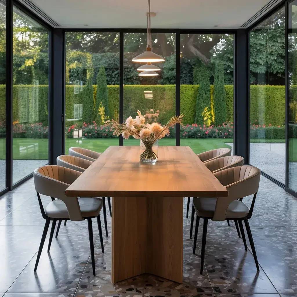 Une élégante salle à manger moderne avec de grandes baies vitrées offrant une vue sur un jardin verdoyant.