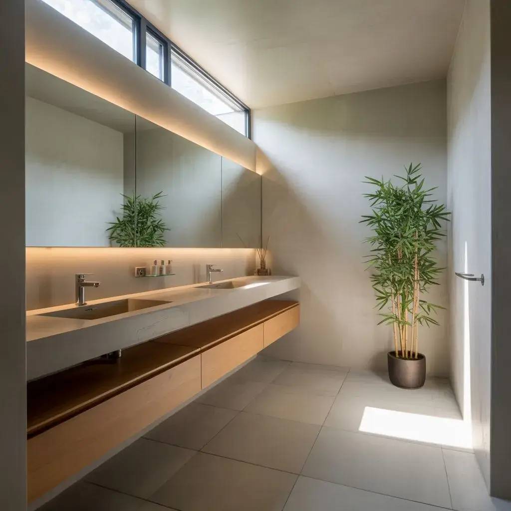 Une salle de bain moderne et épurée avec un grand miroir, un double lavabo suspendu, et une plante verte en pot.