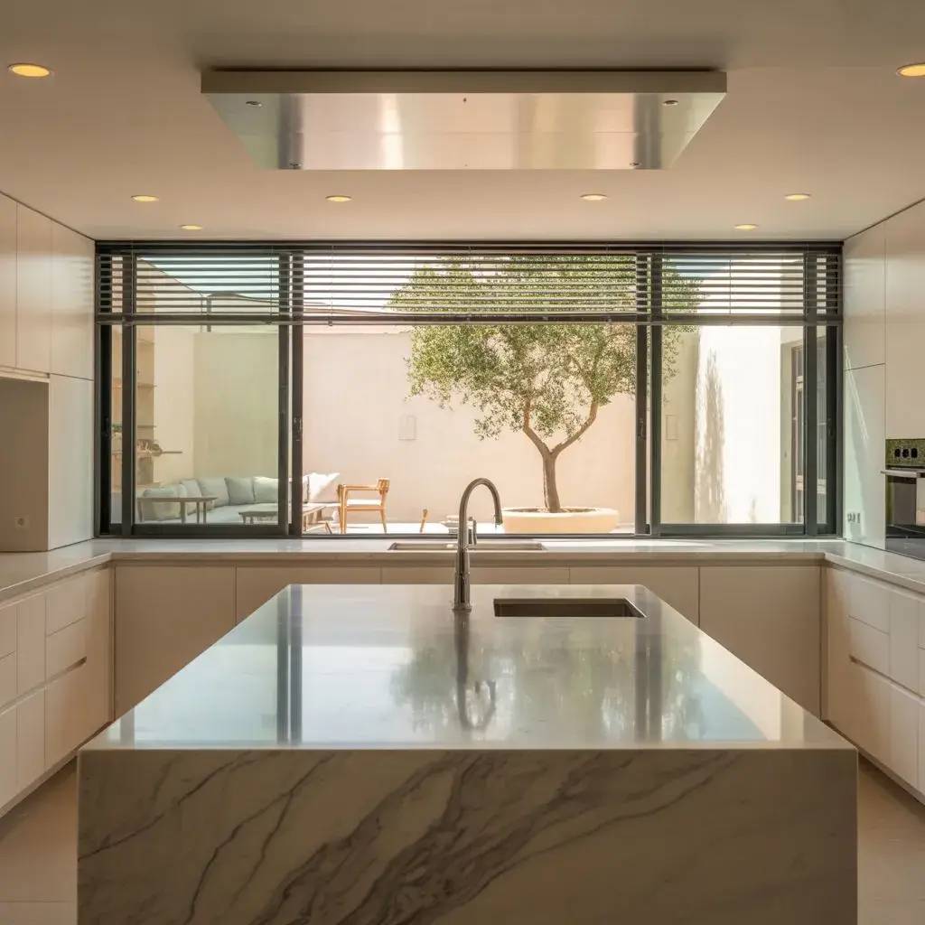 Cette image montre une cuisine moderne et lumineuse avec un îlot en marbre et une grande fenêtre donnant sur un espace extérieur arboré.