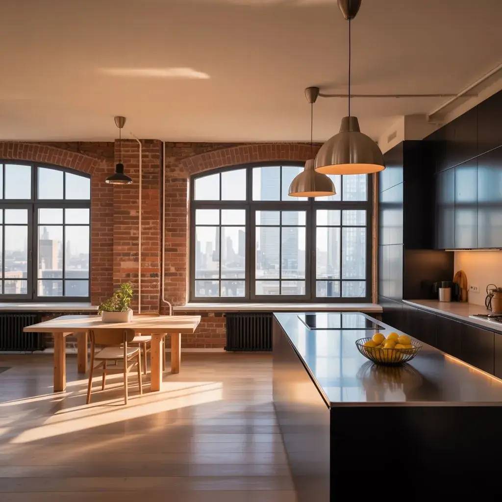 Une cuisine moderne et lumineuse avec des murs en briques apparentes, des fenêtres arquées, un îlot central élégant et une vue urba