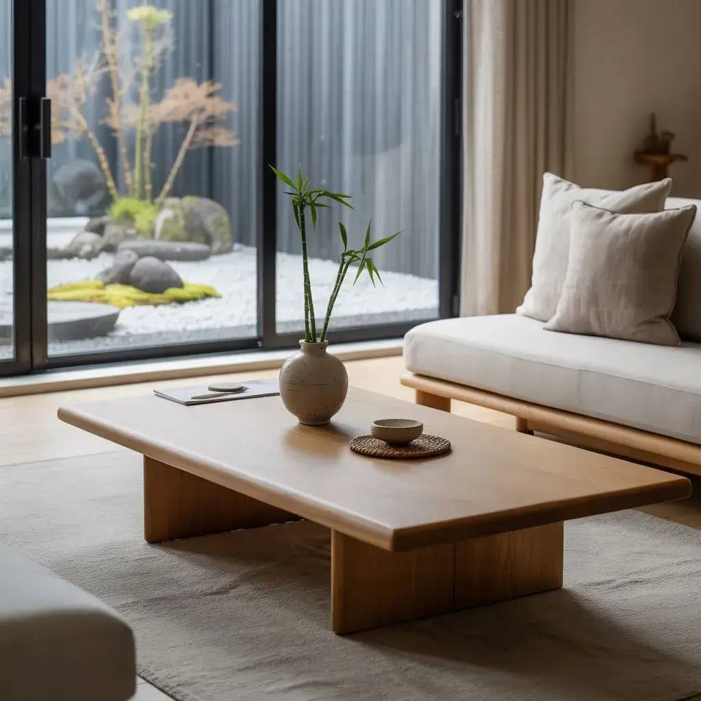 Une table basse en bois minimaliste est placée dans un salon épuré avec vue sur un jardin zen extérieur.