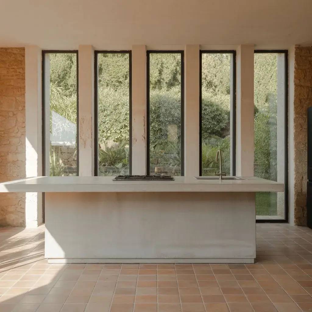 Une cuisine moderne et épurée avec un îlot central, entourée de hautes fenêtres offrant une vue verdoyante.