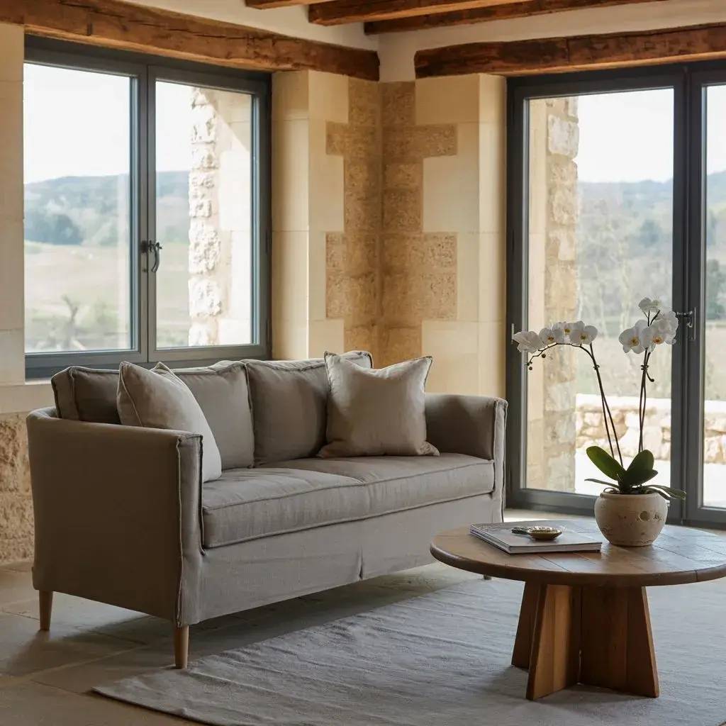 Un salon lumineux et accueillant avec un canapé beige, une table basse en bois et une orchidée blanche, offrant une vue sur la campagne à travers