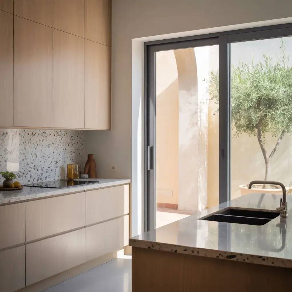 Cuisine moderne avec meubles en bois clair et plan de travail en pierre, éclairée par une grande baie vitrée donnant sur un jardin.