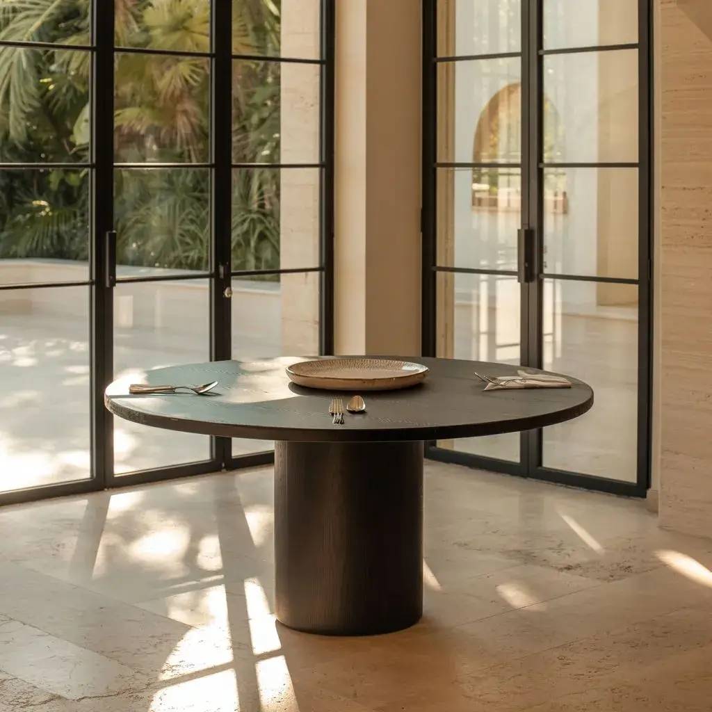 Une table ronde moderne en bois sombre avec un plateau décoratif est mise en valeur par de grandes baies vitrées ouvertes sur un jardin verdoyant.