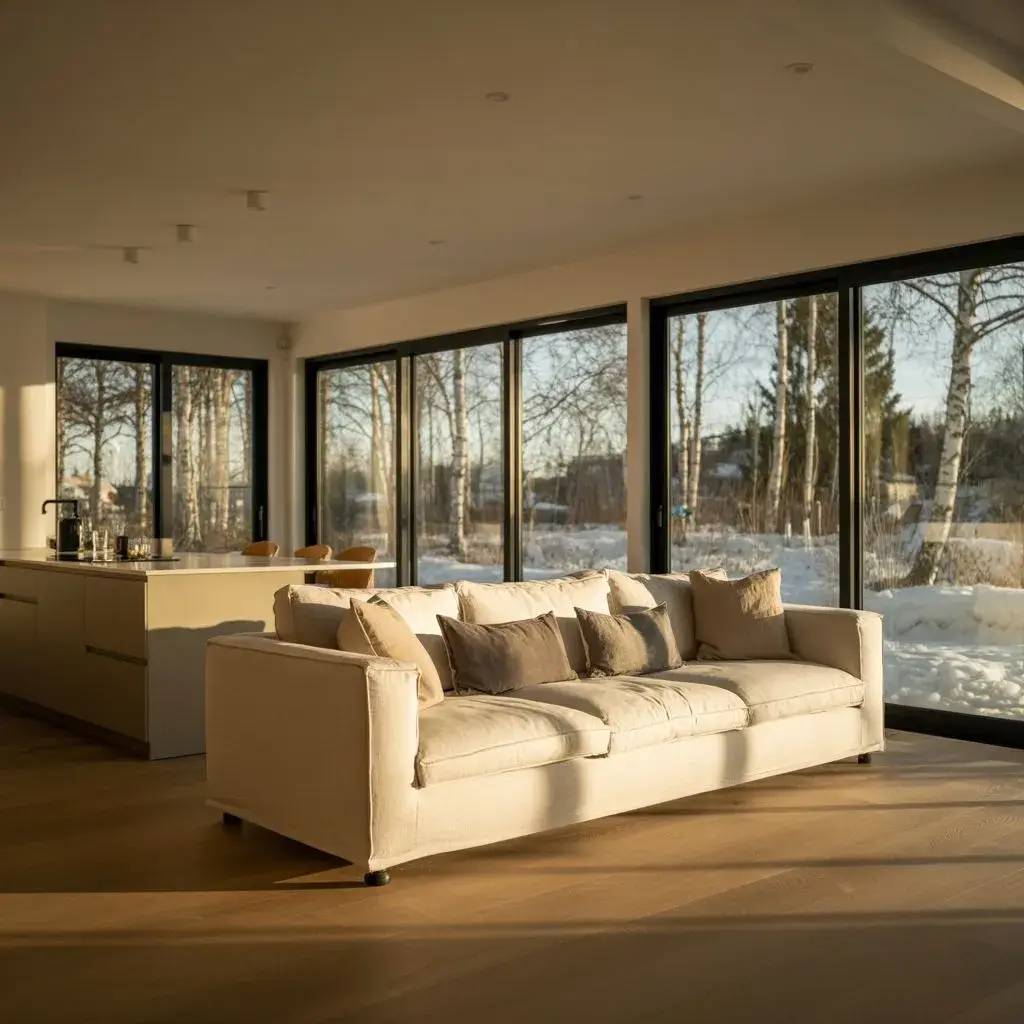 Un salon lumineux et moderne avec un canapé beige et de grandes baies vitrées offrant une vue sur un paysage enneigé.