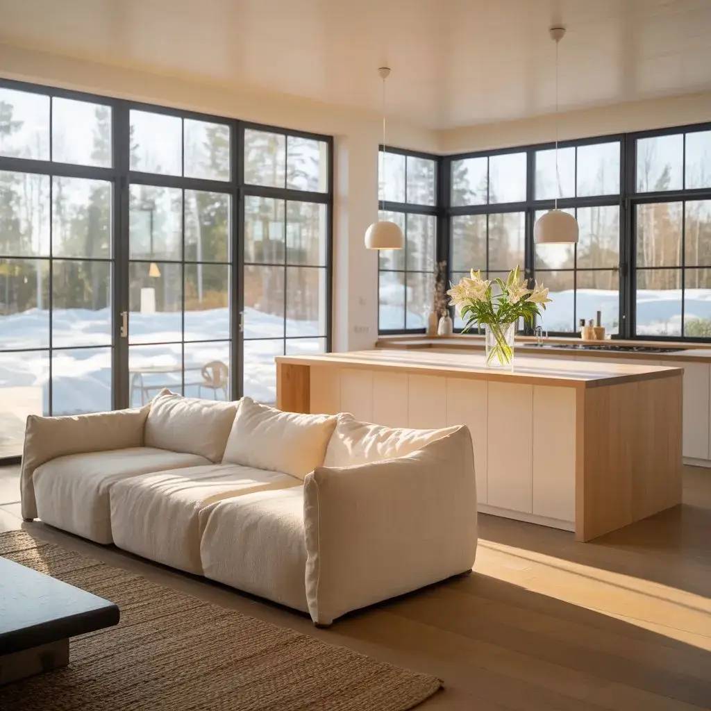 Un salon moderne et lumineux avec de grandes baies vitrées, un canapé beige confortable et une cuisine épurée, offrant une vue sur la neige à