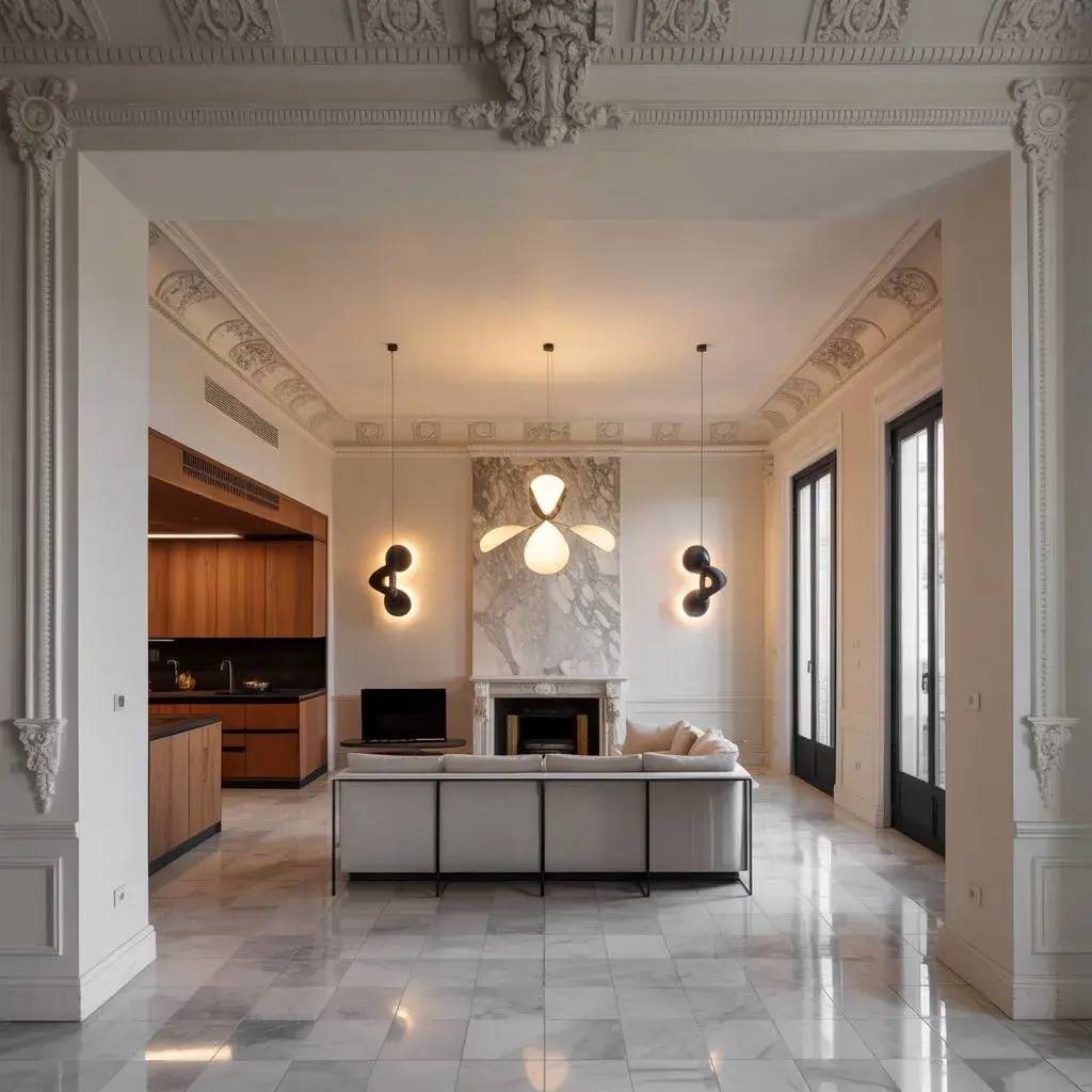 Un intérieur élégant avec un salon moderne, des luminaires artistiques suspendus et un mélange harmonieux de marbre et de bois.