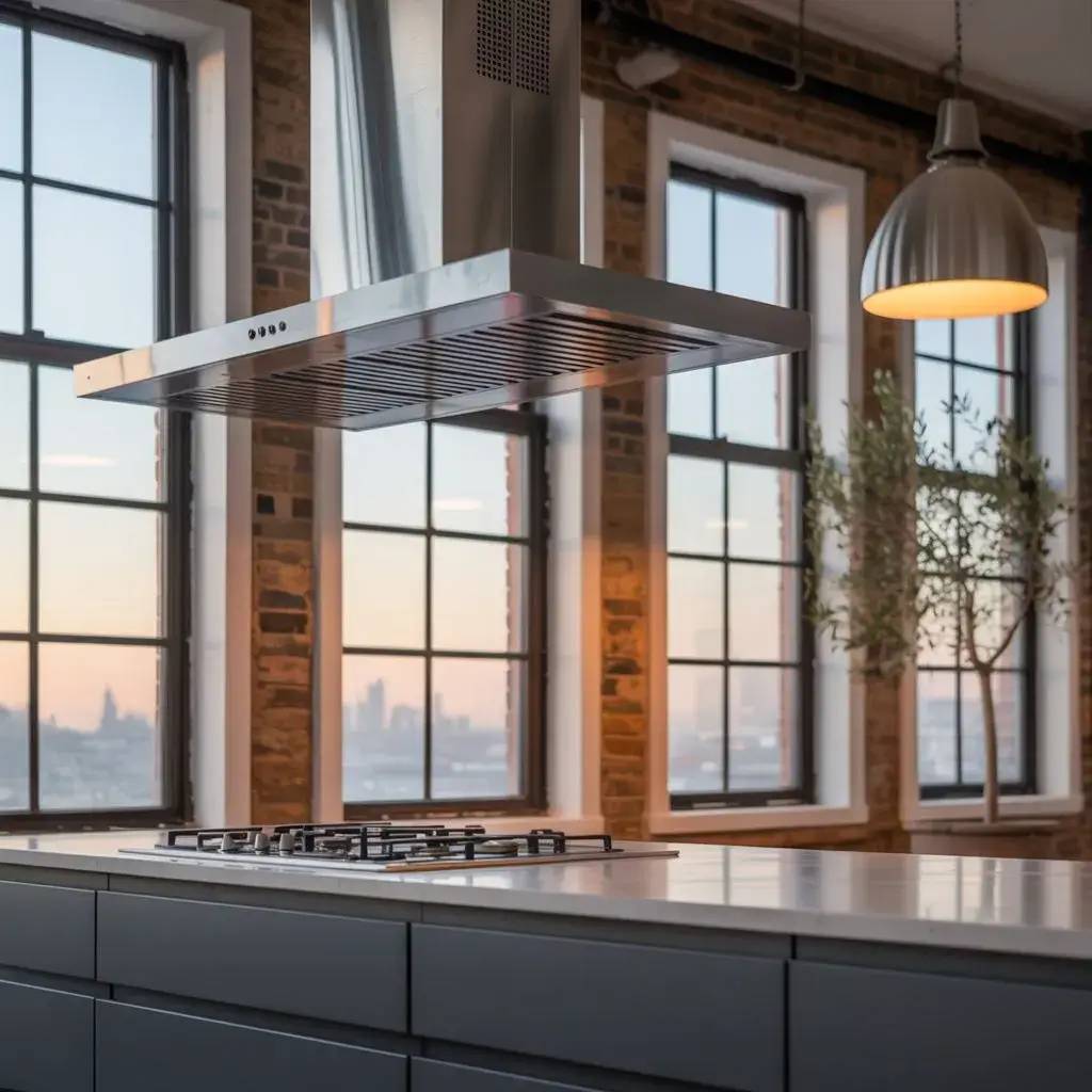 Cuisine moderne avec une grande hotte en acier inoxydable, éclairée par d'élégantes baies vitrées.