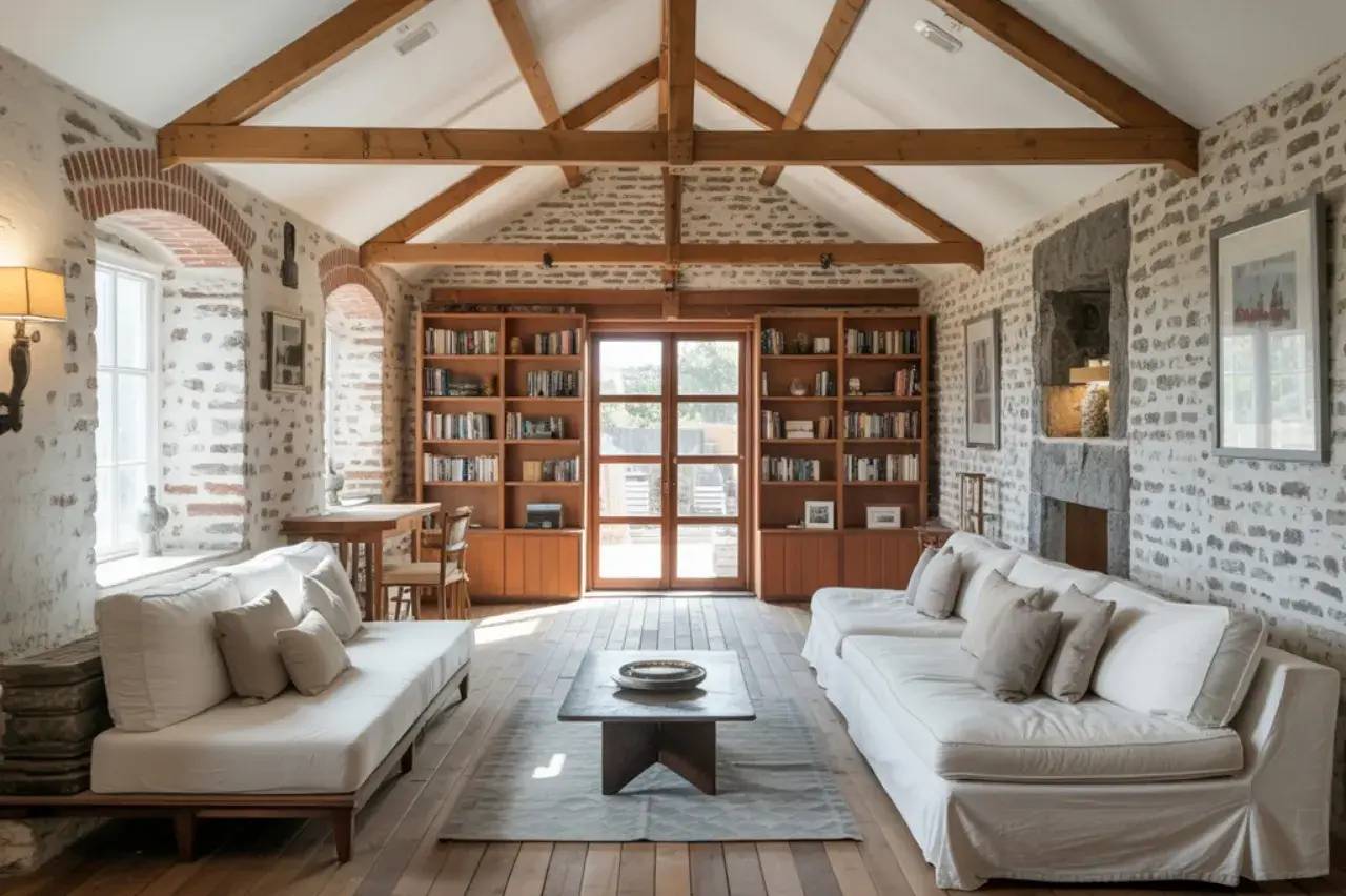 Un salon lumineux avec murs en pierres apparentes, sofas blancs confortables et bibliothèque en bois encadrant une grande porte-fenêtre.