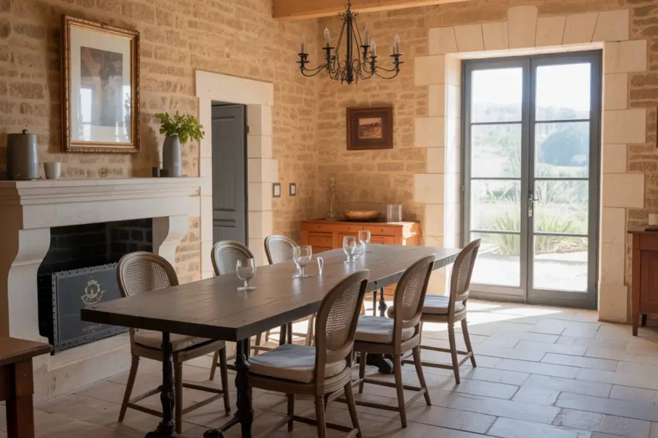 Salle à manger élégante avec des murs en pierre, une grande table en bois, des chaises en osier et un lustre, éclairée