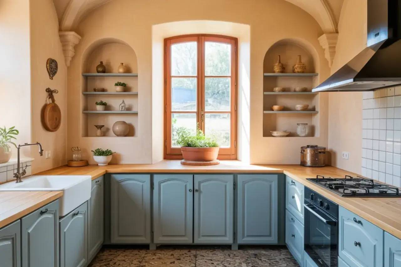 Cette cuisine lumineuse et élégante présente des armoires bleues, des étagères intégrées et un plan de travail en bois sous une fenêtre