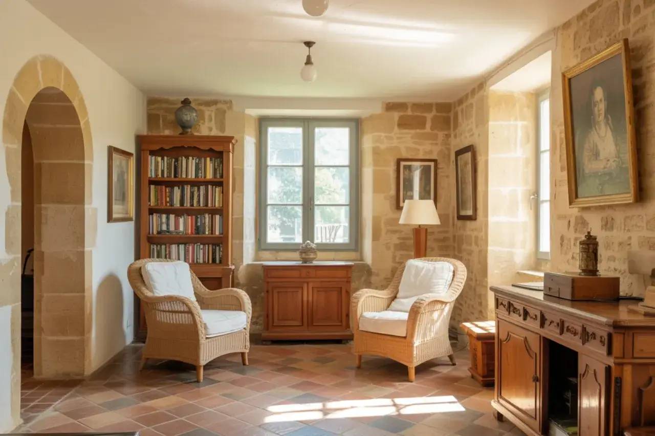 Un coin salon chaleureux avec des murs en pierre, des fauteuils en osier, et une bibliothèque en bois, baigné de lumière naturelle.
