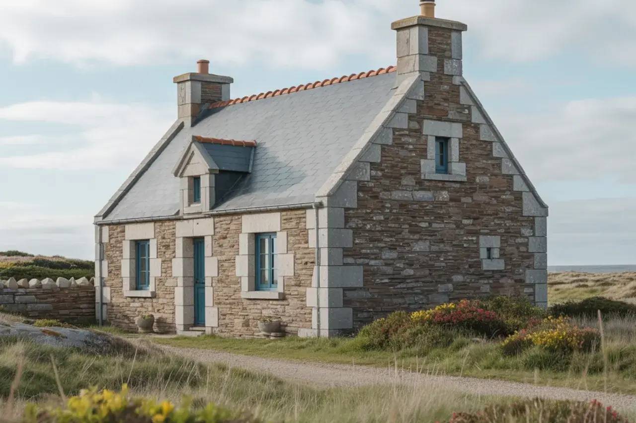 Une charmante maison en pierre avec des volets bleus, entourée de végétation côtière et surmontée d'un toit en ar