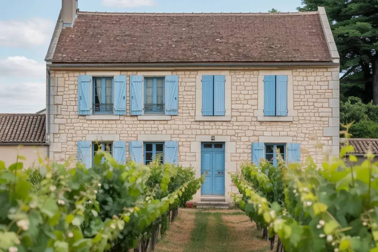 Une charmante maison en pierre avec des volets bleus, entourée de vignes verdoyantes sous un ciel partiellement nuageux.