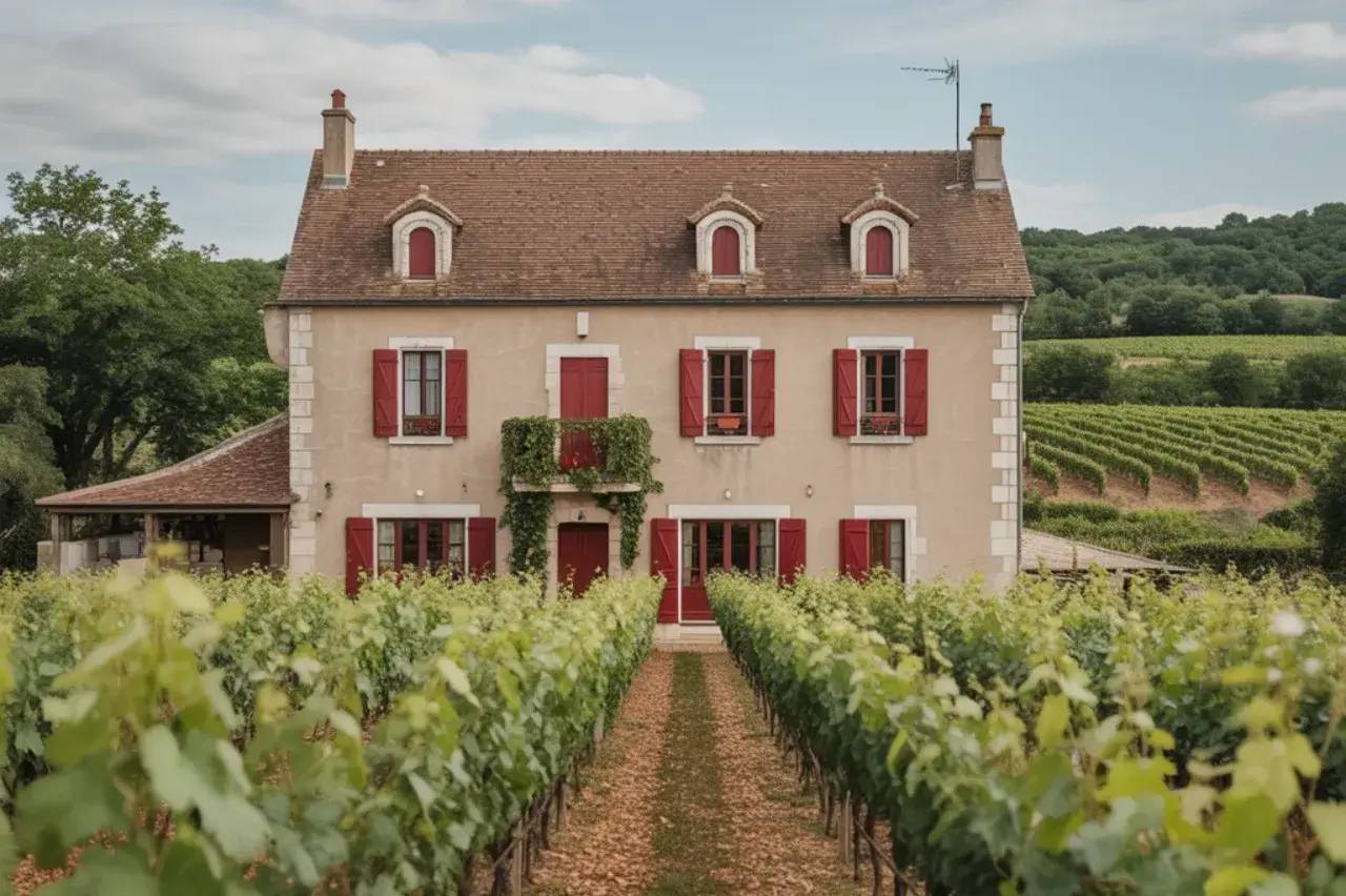Une élégante maison de campagne aux volets rouges se dresse au milieu d'un vignoble verdoyant sous un ciel légèrement nuageux.