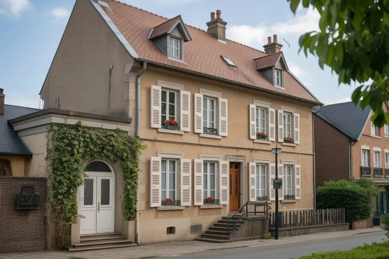 Une maison traditionnelle avec des volets blancs et des plantes grimpantes encadrant la porte d'entrée se tient sur une rue paisible.