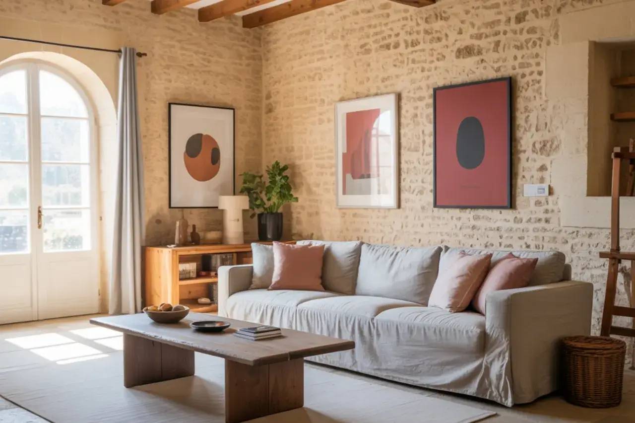 Un salon chaleureux et élégant avec des murs en pierre apparente, un canapé beige, des coussins roses, des œuvres d'art abstrait et une