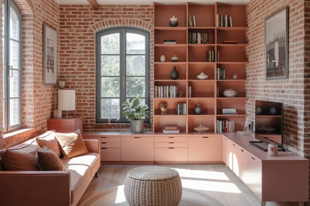 Un salon moderne et lumineux avec des murs en briques apparentes, une grande bibliothèque intégrée et un canapé rose poudré.