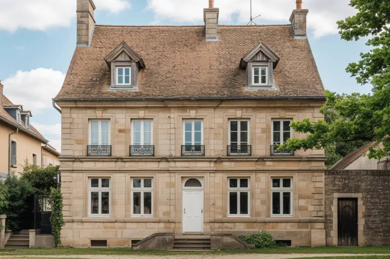Une élégante maison en pierre avec un toit en pente et des fenêtres à petits carreaux, entourée de végétation.
