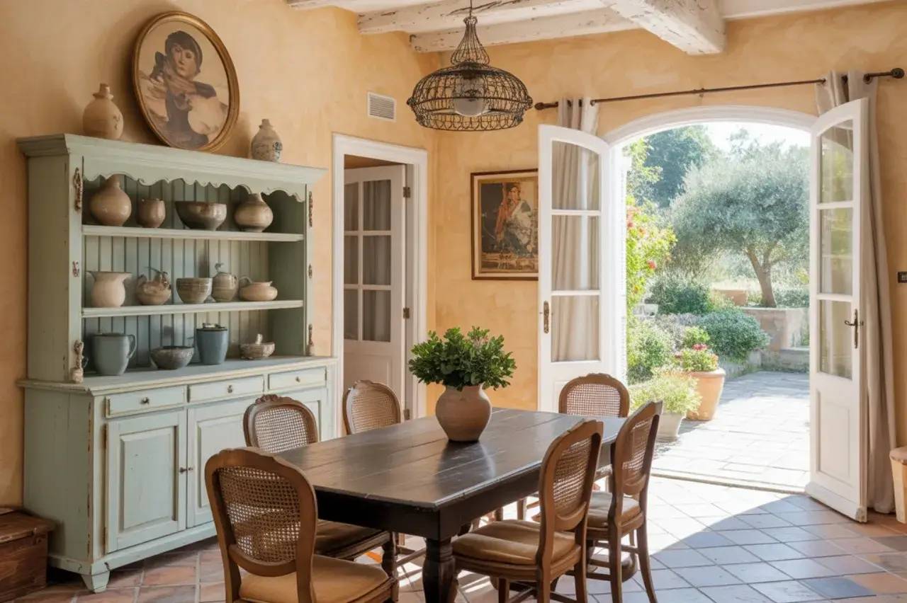 Une salle à manger lumineuse, de style rustique, avec des meubles en bois et une ouverture vers un jardin verdoyant.