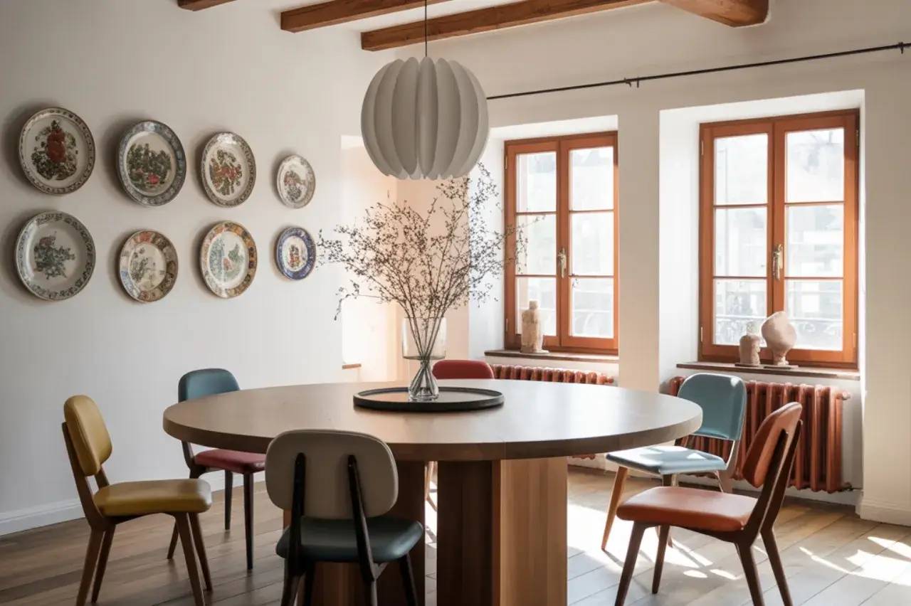 Salle à manger lumineuse avec une table ronde en bois entourée de chaises colorées et des assiettes décoratives accrochées au mur