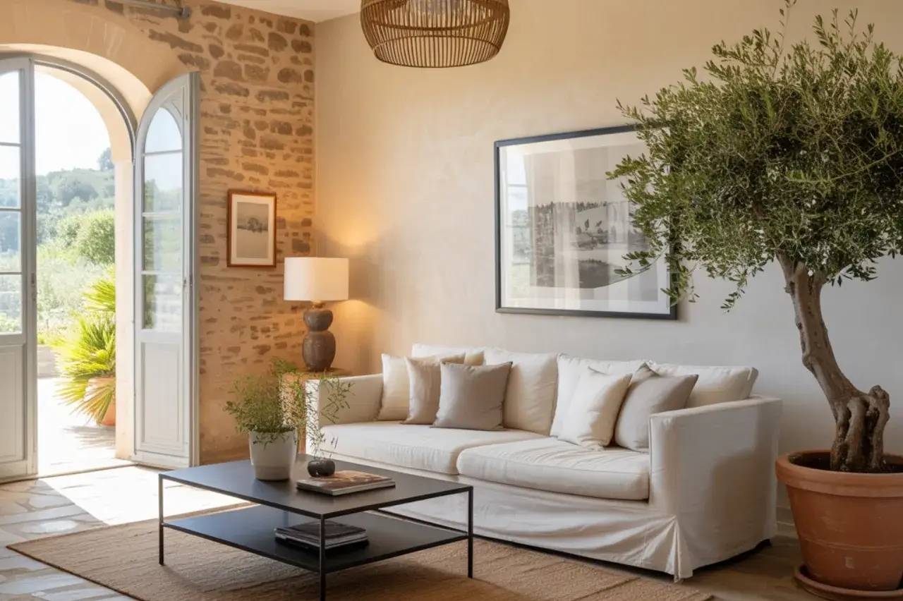 Un salon lumineux et élégant avec un canapé blanc, une grande plante en pot, et une porte-fenêtre ouverte sur l'extérieur.