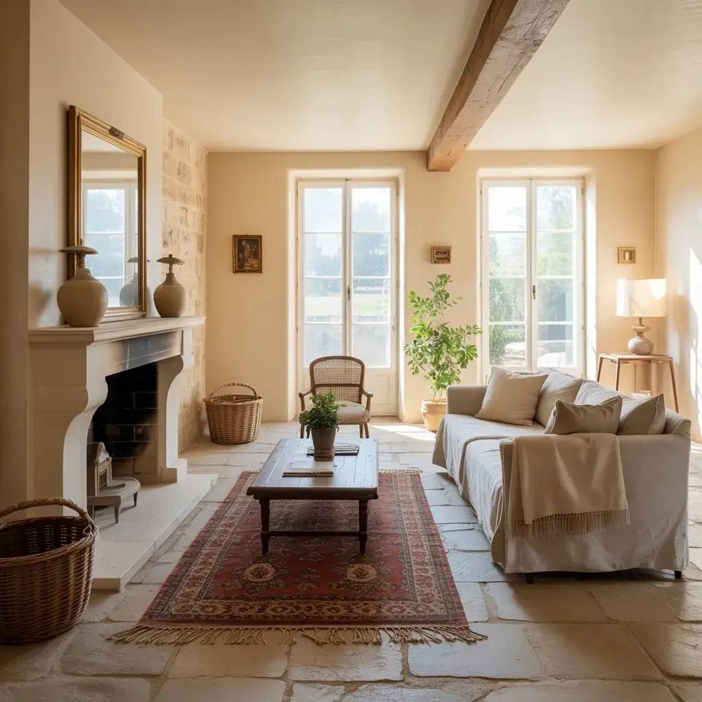 Un salon lumineux et chaleureux avec des tons neutres, une cheminée élégante, et une grande fenêtre laissant entrer la lumière naturelle.