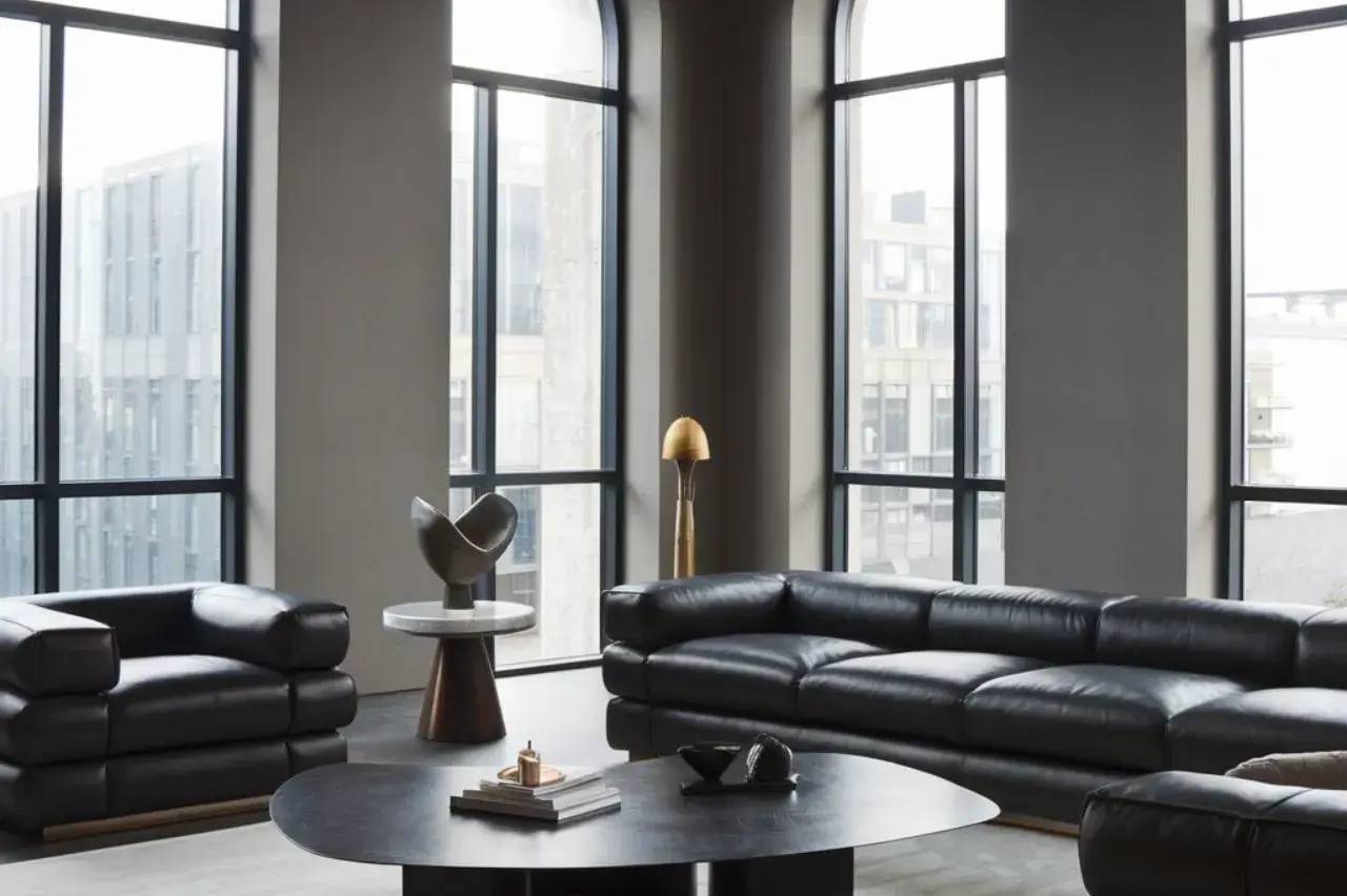 Un salon moderne et élégant avec de larges fenêtres, un canapé en cuir noir, une table basse circulaire et des éléments de décoration minimalistes.