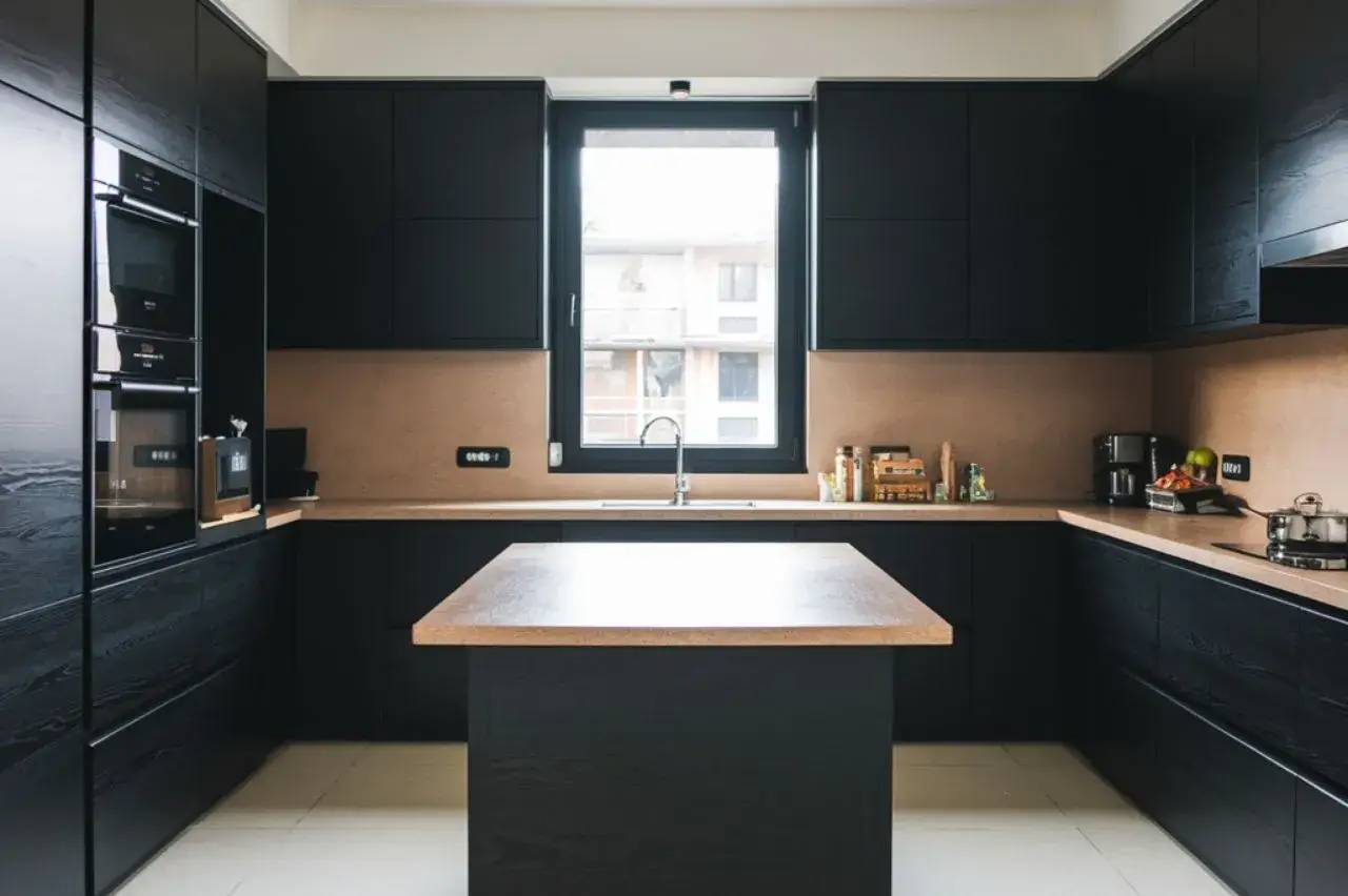 Une cuisine moderne aux tons sombres, dotée d'un îlot central en bois clair et d'une grande fenêtre lumineuse.