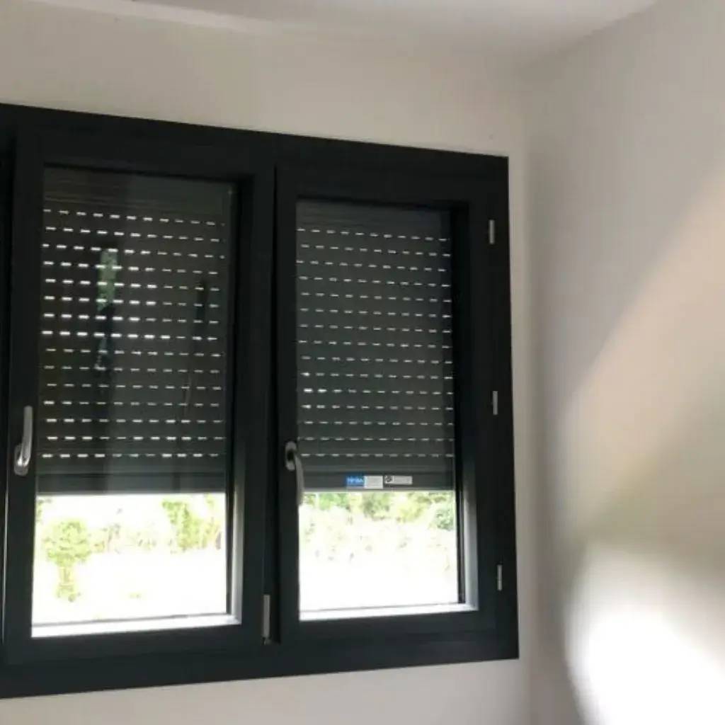 Une fenêtre moderne avec des volets roulants partiellement fermés, laissant entrevoir un paysage extérieur.