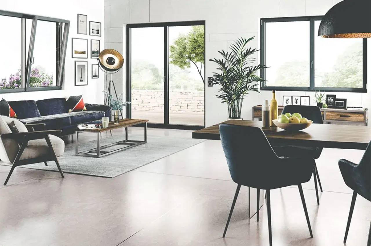 Un salon moderne et lumineux avec un coin repas, une décoration élégante et des grandes fenêtres offrant une vue sur l'extérieur verdoyant.