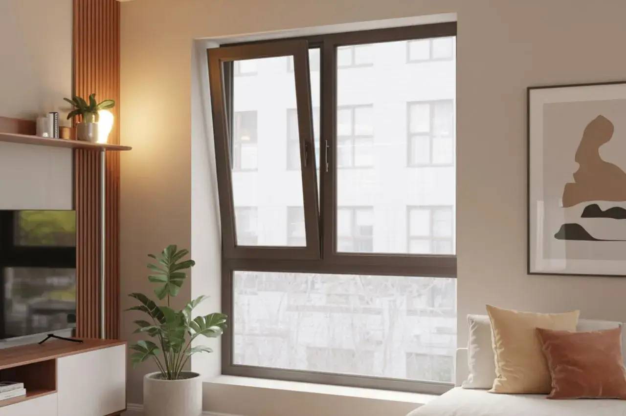 Un intérieur moderne et lumineux avec une fenêtre en oscillant-battant, des coussins colorés sur le canapé, une plante verte et une lampe