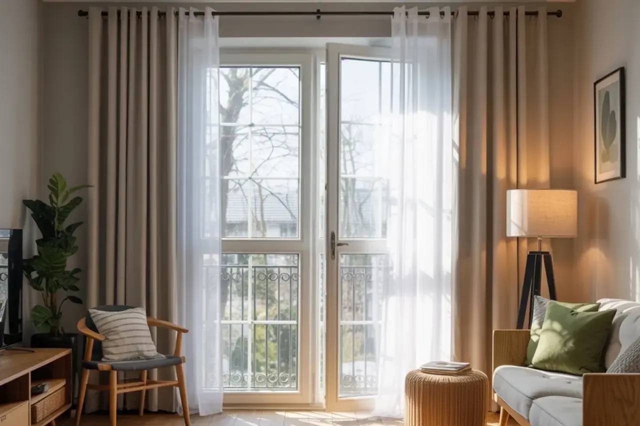 Un intérieur lumineux et moderne avec de grandes portes-fenêtres, des rideaux légers, un fauteuil, et une lampe élégante.