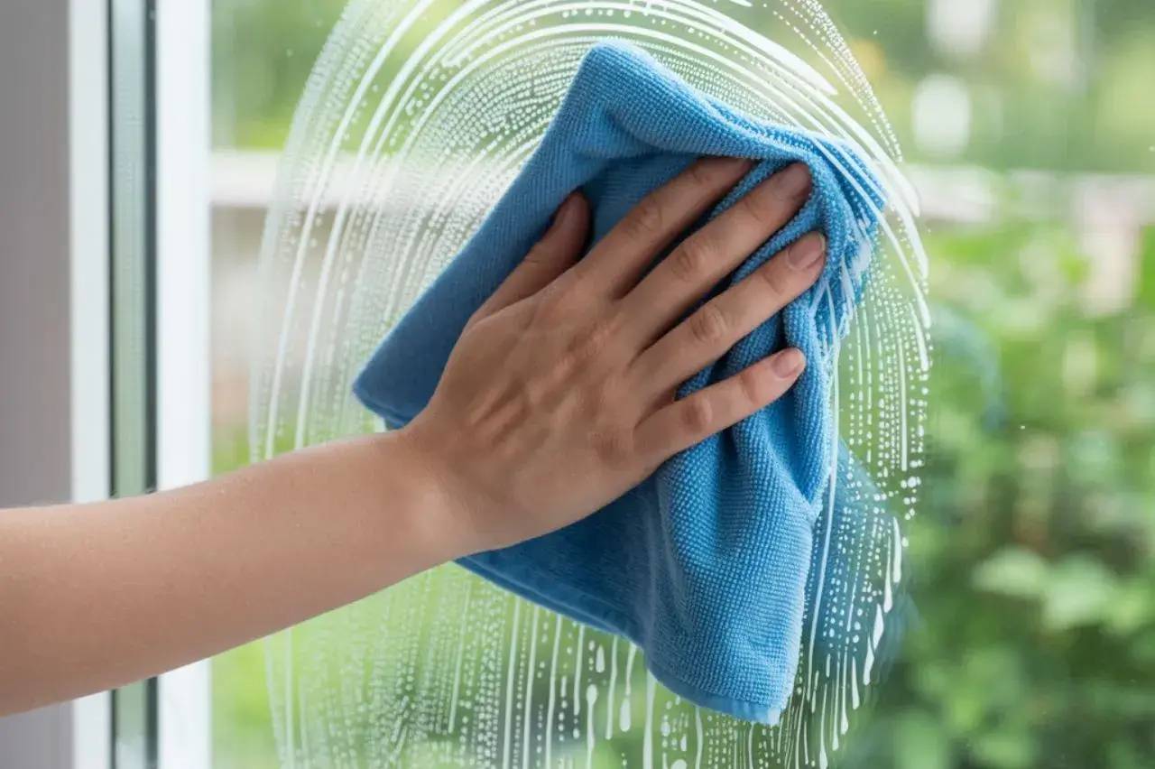 Une main nettoie une fenêtre avec un chiffon bleu, laissant des traces circulaires de savon.