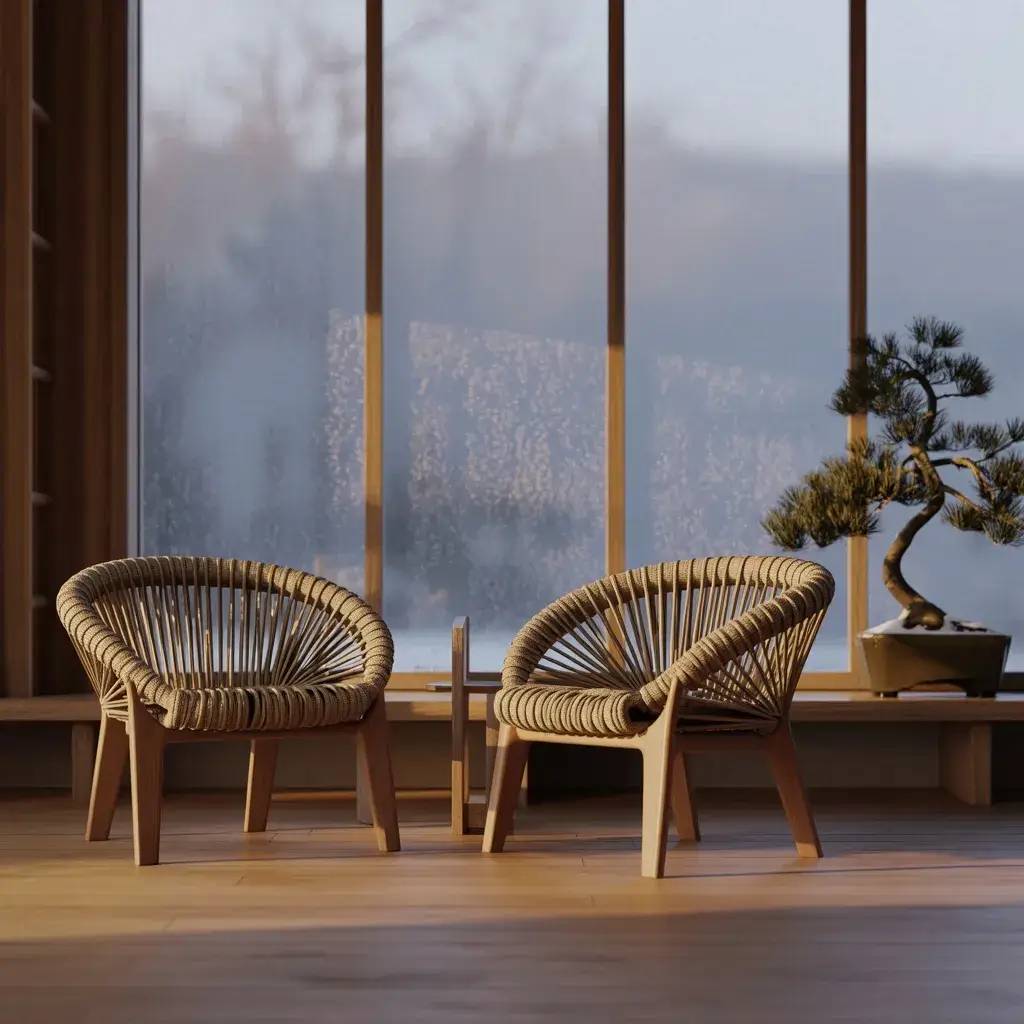 Deux fauteuils en rotin moderne sont placés près d'une fenêtre panoramique, accompagnés d'un bonsaï sur une table basse.