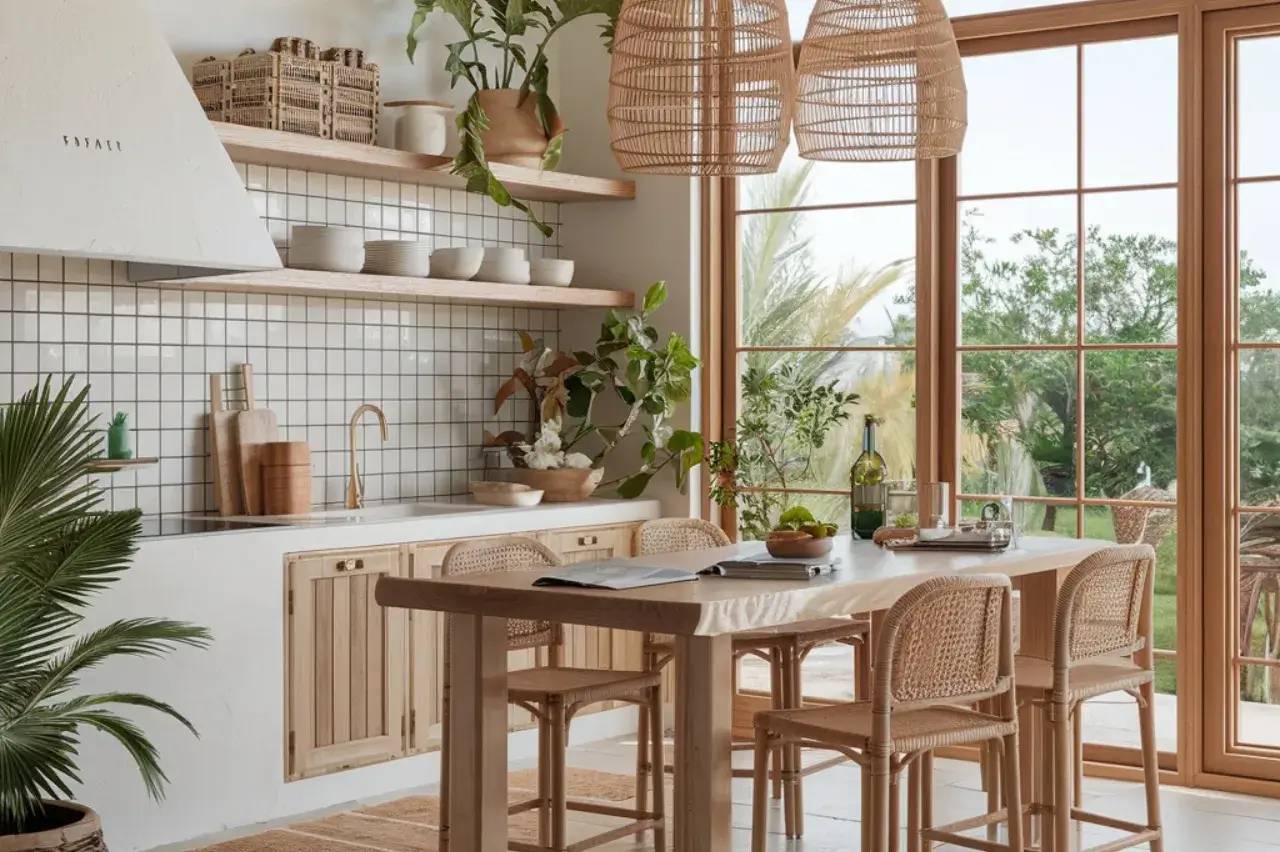 Une cuisine lumineuse et moderne avec des éléments en bois clair, des étagères ouvertes et une grande fenêtre donnant sur un jardin verdoyant.