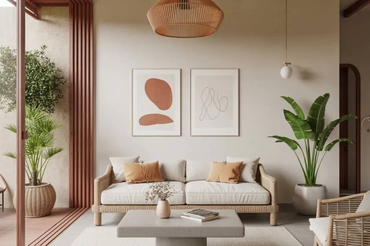 Un salon moderne et épuré avec un canapé en osier, des coussins beige et terracotta, des œuvres d'art minimalistes accrochées