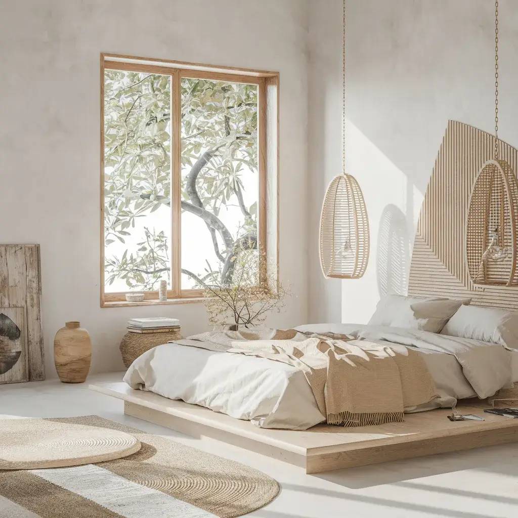 Une chambre lumineuse au design minimaliste et naturel avec un lit bas, des suspensions en osier et une grande fenêtre donnant sur des arbres feu